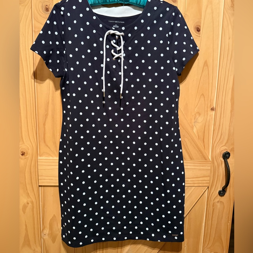 ⭐️Tommy Hilfiger Navy Blue Polka Dot Midi Dress - Picture 2 of 7